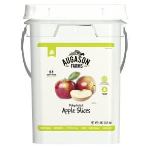 A bucket of Augason Farms Dehydrated Apple Slices 4 Gallon Pail - 53 Servings - (SHIPS IN 1-2 WEEKS) on a white background.