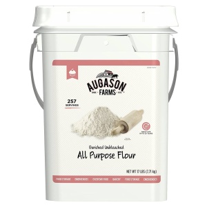 A bucket of Augason Farms Enriched Unbleached All-Purpose Flour - 257 Servings - (SHIPS IN 1-2 WEEKS).
