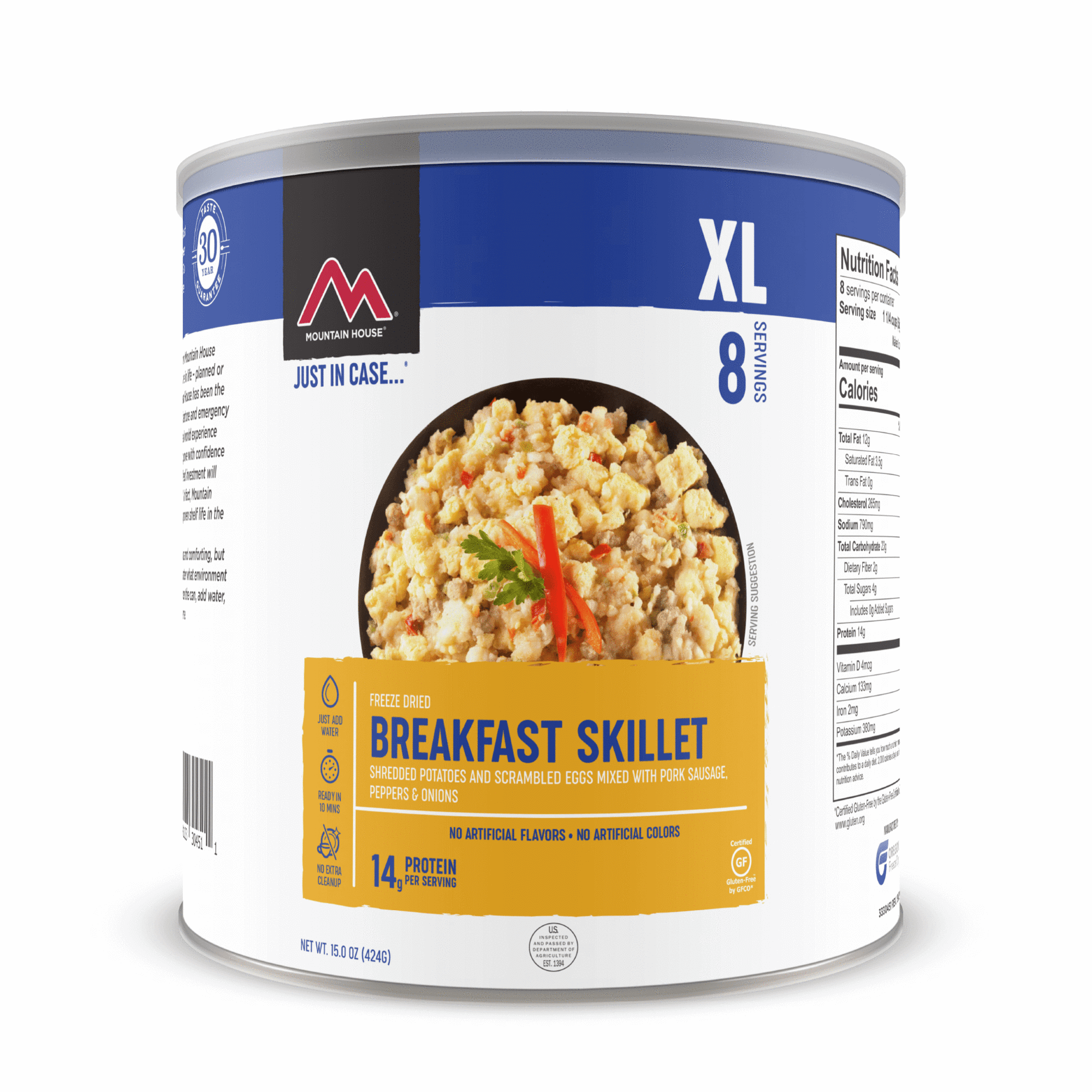 A Mountain House Gluten-Free Freeze-Dried and Dehydrated Breakfast Skillet #10 Can - 8 Servings - (SHIPS IN 1-2 WEEKS) on a white background.