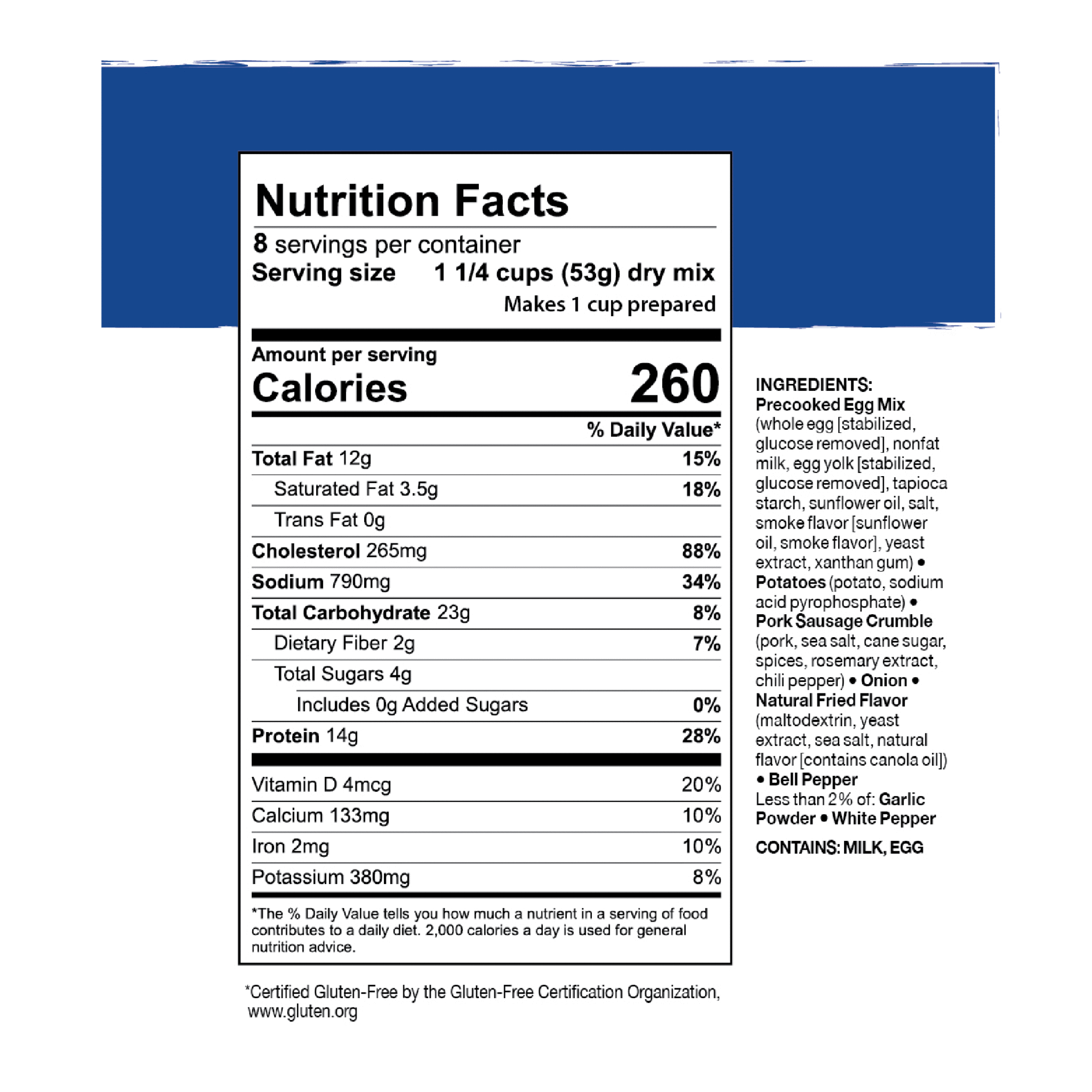 A nutrition label for Mountain House Gluten-Free Freeze-Dried and Dehydrated Breakfast Skillet #10 Can - 8 Servings - (SHIPS IN 1-2 WEEKS).