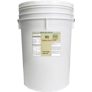 A white bucket with a label for Rainy Day Foods Apple Slices.