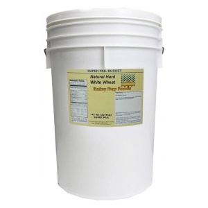 A white bucket labeled Rainy Day Foods Hard White Wheat.