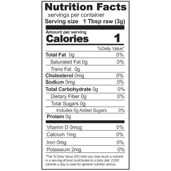 A nutrition label displaying the nutrition facts of Rainy Day Foods Alfalfa Seed 1.5 lbs in a Mylar Bag - 227 Servings.