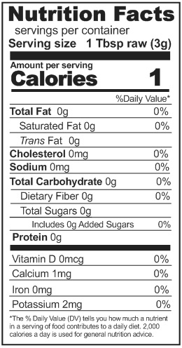 Nutrition label showcasing the nutrition facts of a Rainy Day Foods Alfalfa Seed 25 lbs Bag with 3780 servings.