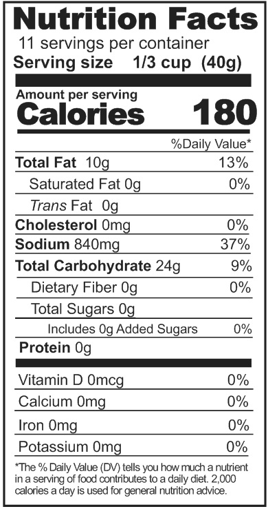 A nutrition label displaying the facts of Rainy Day Foods Alfredo Sauce Mix in a 16 oz #2.5 Can.