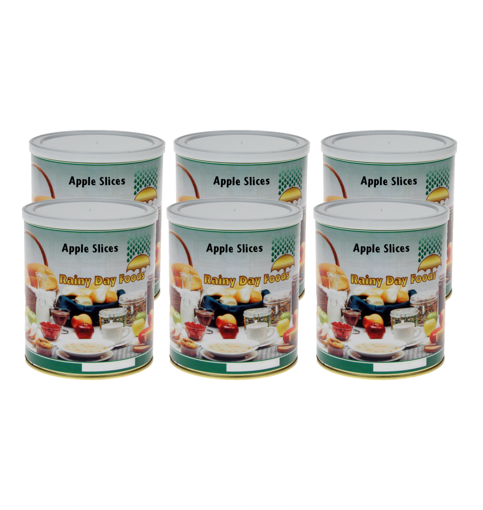 Five cans of Rainy Day Foods Apple Slices 6 (Case of Six) #10 Cans - 102 Servings – (SHIPS IN 1-2 WEEKS) on a white background.