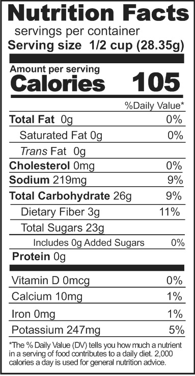 A nutrition label displaying the nutrition facts of Rainy Day Foods Dehydrated Apple Slices.