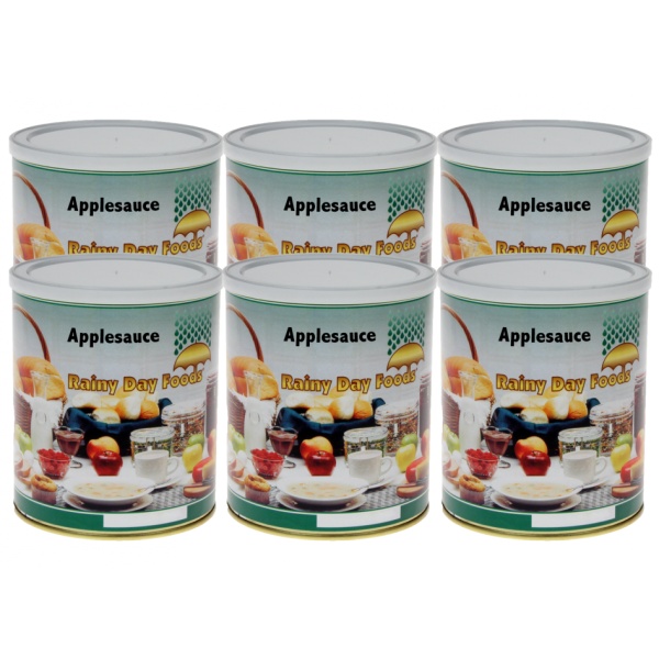 A set of Rainy Day Foods Dehydrated Applesauce 6 (Case of Six) #2.5 Cans - 60 Servings – (SHIPS IN 1-2 WEEKS) on a white background.