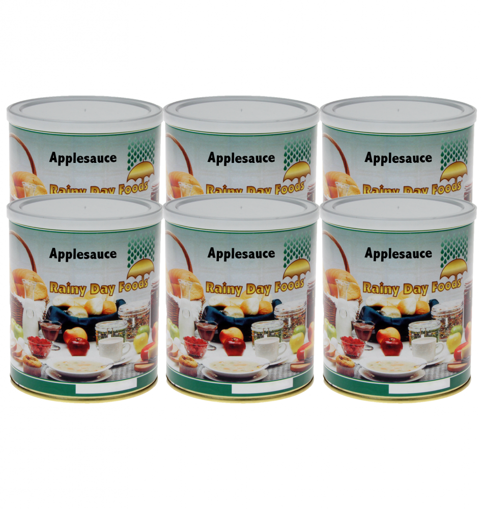 A set of Rainy Day Foods Dehydrated Applesauce 6 (Case of Six) #2.5 Cans - 60 Servings – (SHIPS IN 1-2 WEEKS) on a white background.