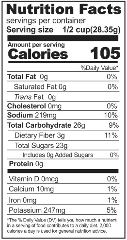 Nutrition facts for Rainy Day Foods Dehydrated Applesauce.