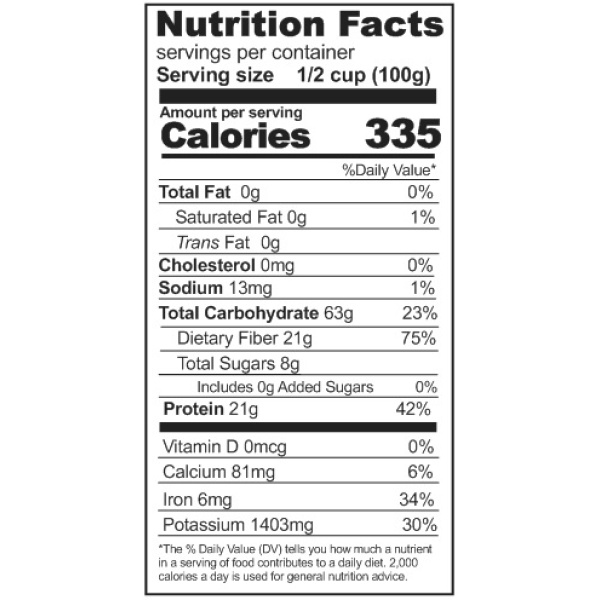 A nutrition label displaying the gluten-free nutrition facts for Rainy Day Foods Baby Lima Beans in a 50 lbs bag.