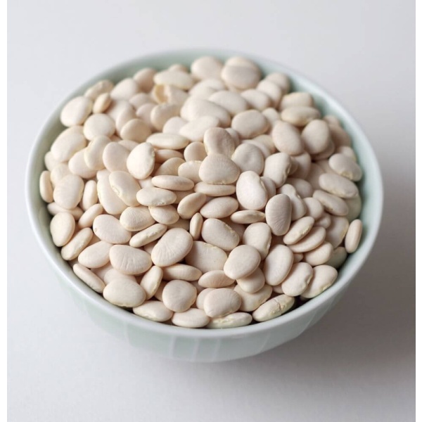 White beans in a bowl on a white surface.