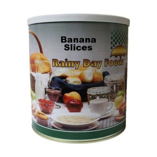 A tin of Rainy Day Foods banana slices.