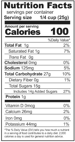 A nutrition label showing the nutrition facts of Rainy Day Foods Banana Pudding Mix.