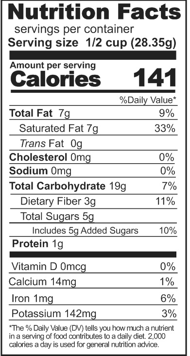 A nutrition label displaying the facts of Rainy Day Foods Dehydrated Honey-Coated Banana Slices.