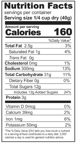 A nutrition label displaying the ingredients of Rainy Day Foods Basic Muffin Mix in a 25 lbs bag with 291 servings and a shipping time of 5-10 weeks.