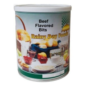A can of beef flavored bits, perfect for rainy day food.