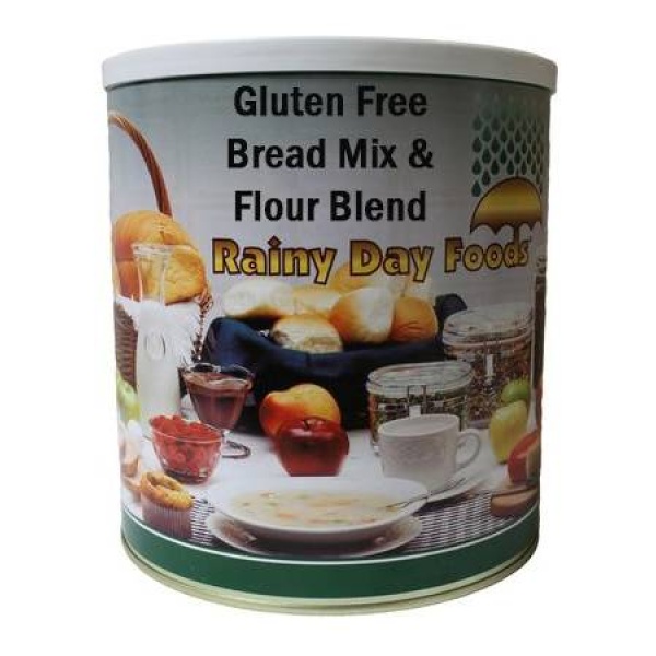 A tin of Rainy Day Foods Gluten-Free Bread Mix and Flour Blend.