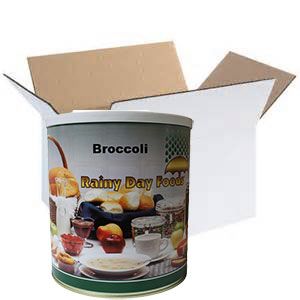 A tin of broccoli in a cardboard box.