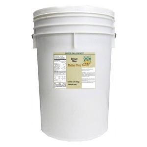 A white *Rainy Day Foods Gluten-Free Non-GMO Brown Rice Long 5 Gallon 35 lbs Super Pail - 353 Servings - (SHIPS IN 5-10 WEEKS) bucket with a label on it.