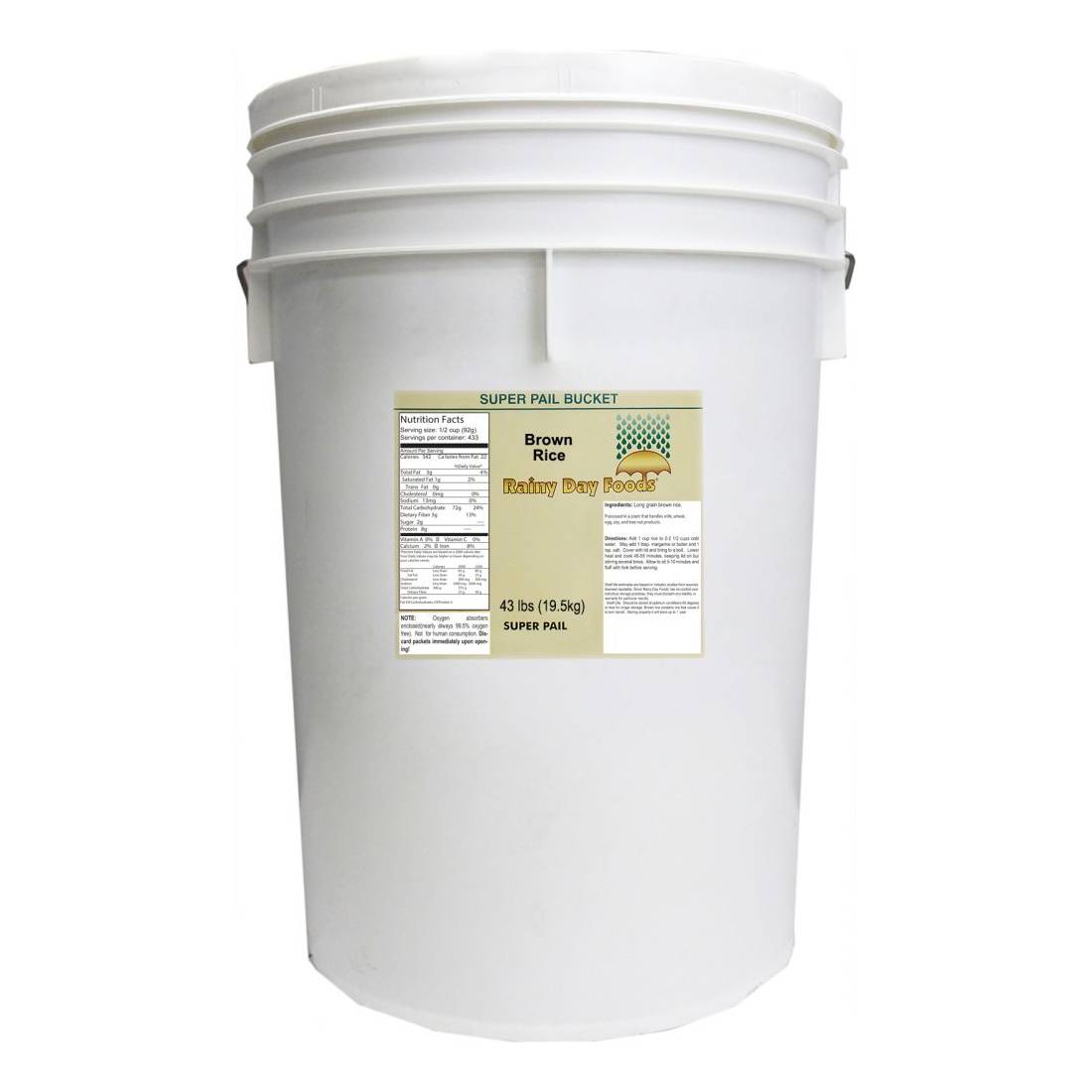 A white *Rainy Day Foods Gluten-Free Non-GMO Brown Rice Long 5 Gallon 35 lbs Super Pail - 353 Servings - (SHIPS IN 5-10 WEEKS) bucket with a label on it.