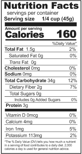 A nutrition label displaying the nutrition facts of a Rainy Day Foods Gluten-Free Non-GMO Brown Rice product.