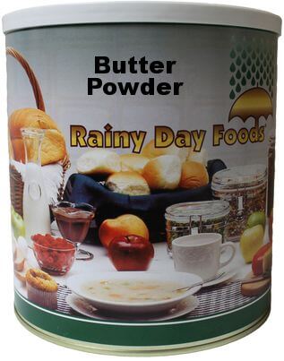 A tin of butter powder on a white background.