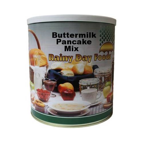 A tin of Rainy Day Foods buttermilk pancake mix on a white background.