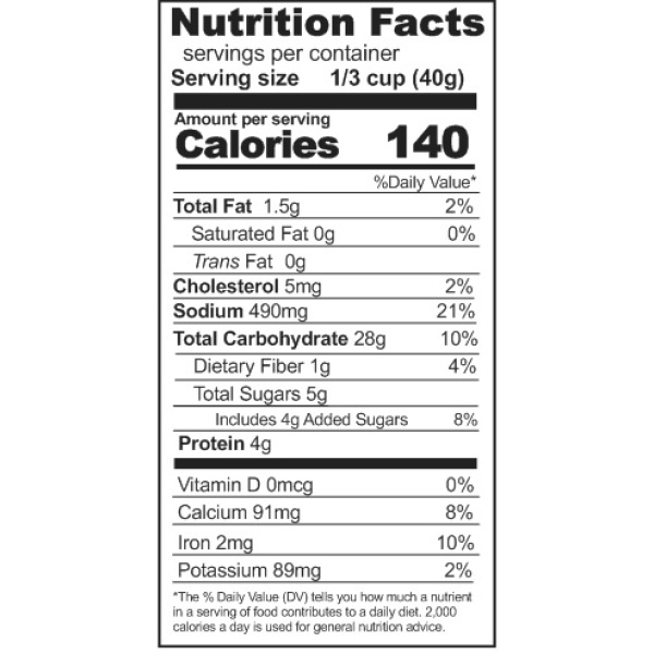 Rainy Day Foods Buttermilk Pancake Mix 5 Gallon 25 lbs Super Pail - A nutrition label displaying the essential nutrition facts of the product.