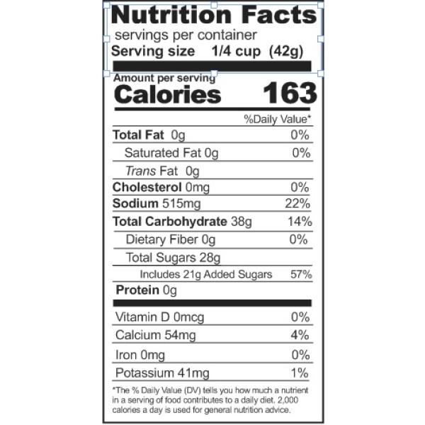 A nutrition label showing the nutrition facts of Rainy Day Foods Butterscotch Pudding Mix.