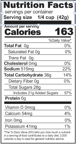 A nutrition label showing the nutrition facts of Rainy Day Foods Butterscotch Pudding Mix.
