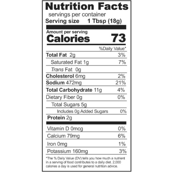 A nutrition label showcasing Rainy Day Foods Dehydrated Cheese Blend 6.