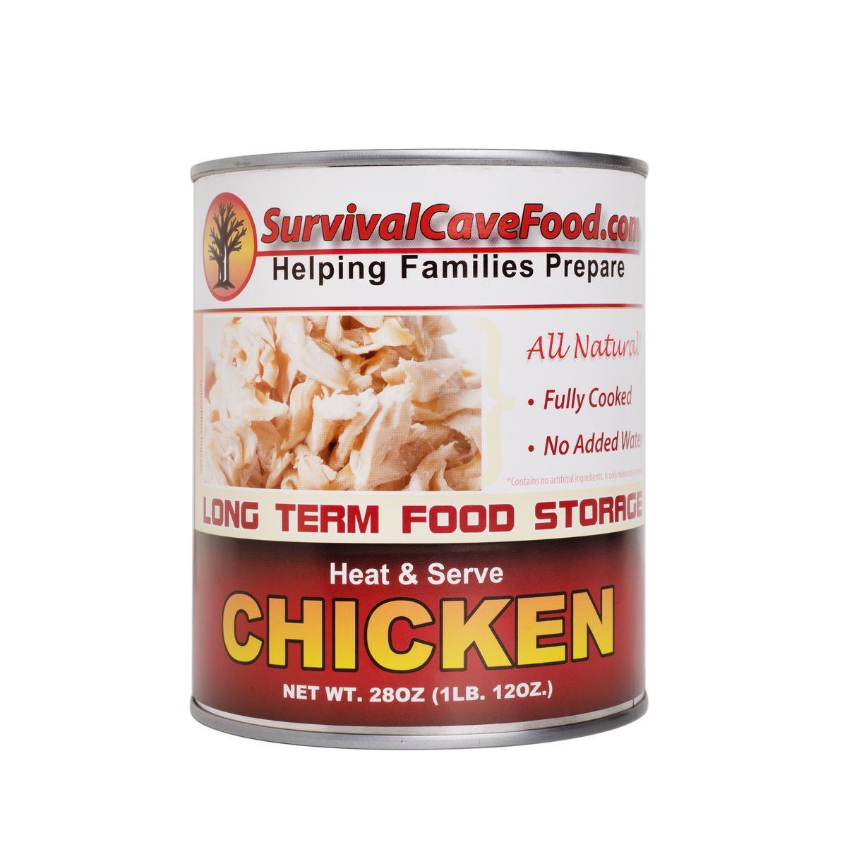 Survival care emergency food storage canned chicken.