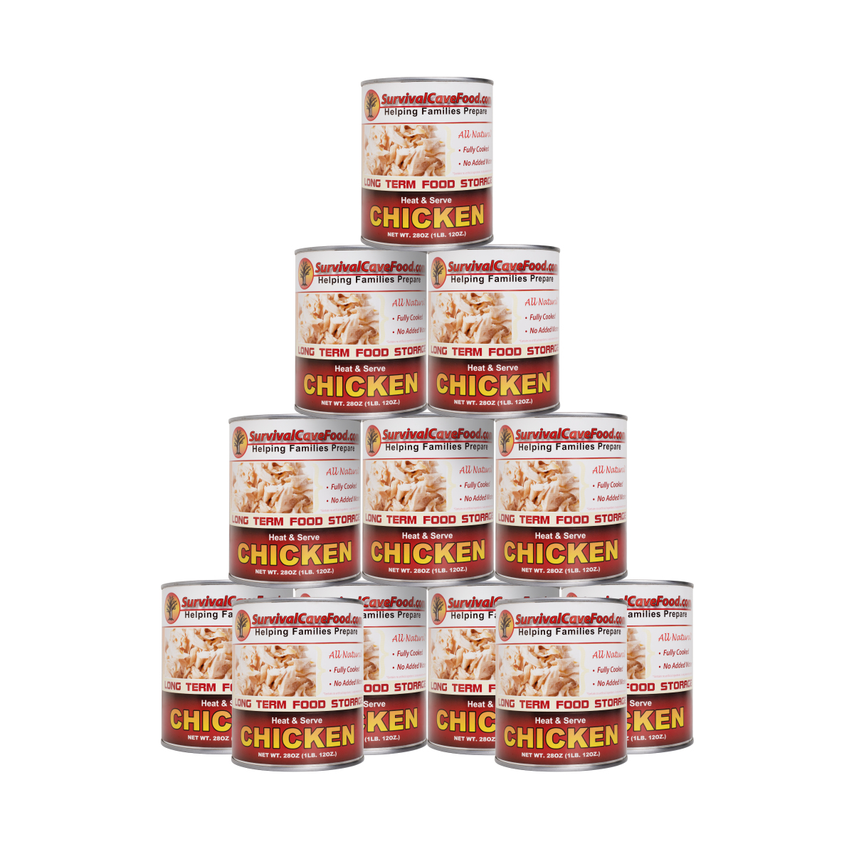 A stack of emergency food storage cans on a white background.