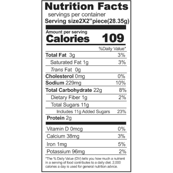 A nutrition label displaying the nutrition facts and serving size of Rainy Day Foods Chocolate Cake Mix.