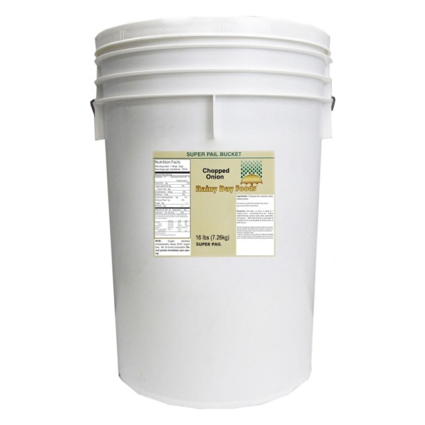 A labeled white bucket containing Rainy Day Foods Onion Chopped in a 5 Gallon Super Pail.