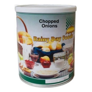 A 9 oz can of Rainy Day Foods' chopped onions, with 63 servings, on a white background.