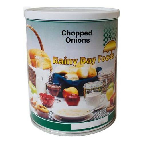 A 9 oz can of Rainy Day Foods' chopped onions, with 63 servings, on a white background.