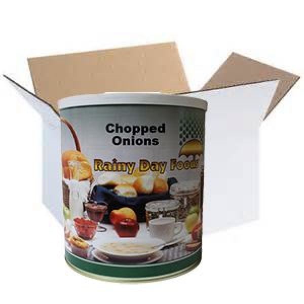 A tin of chopped onions in a box.