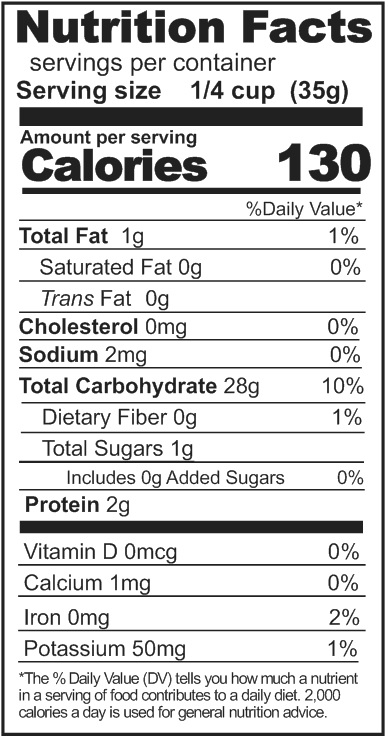 A nutrition label displaying the nutrition facts of Rainy Day Foods Gluten-Free Cornmeal in a 5-gallon super pail.