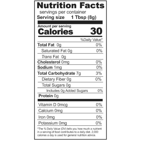 A nutrition label displaying the nutrition facts of Rainy Day Foods Gluten-Free Cornstarch 50 lbs Bag.