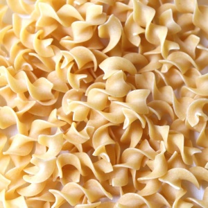 A close up of pasta noodles on a white plate.