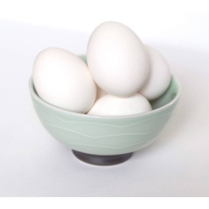 White eggs in a bowl on a white surface.