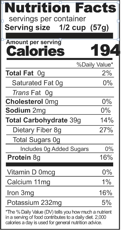 A nutrition label displaying the essential information for Rainy Day Foods Ezekiel Mix in an 88 oz #10 can, providing 44 servings and shipping in 1-2 weeks.