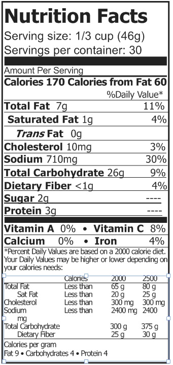 A nutrition label displaying the nutritional facts of Rainy Day Foods Dehydrated Creamy Chicken Noodle Soup Mix.