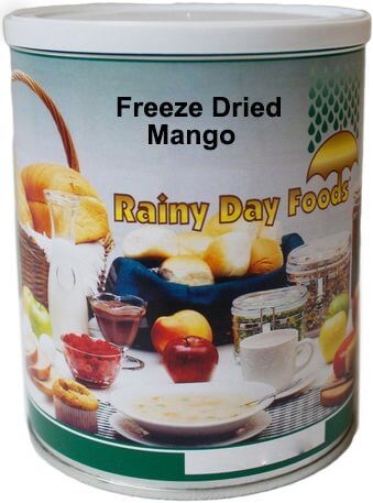 A can of freeze dried mango on a white background.