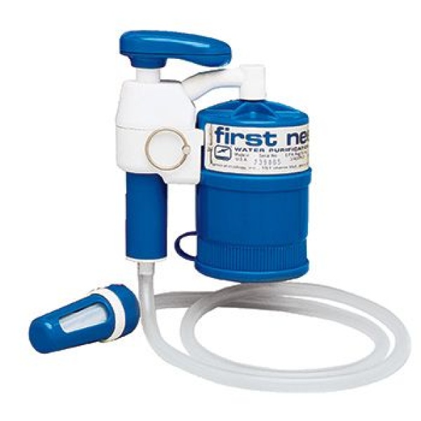 A blue and white water pump with a hose attached to it.