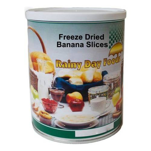 A #2.5 can of freeze dried banana slices on a white background, gluten-free and non-GMO.