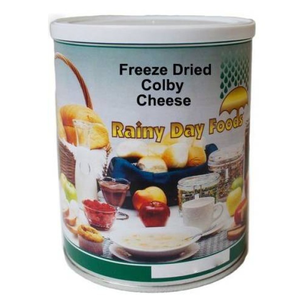Freeze-dried Colby cheese in a #2.5 can - 21 servings, gluten-free and non-GMO, on a white background.