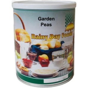 A can of Non-GMO garden peas, perfect for a rainy day.